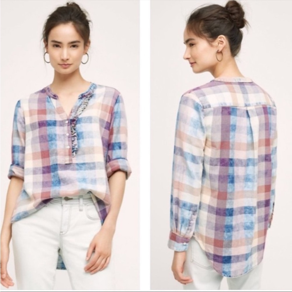 Isabella Sinclair Anthro Pastel Acid Wash Longsleeve Buttoned Ruffle Plaid Top M